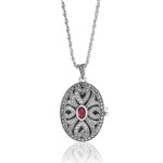 Marcasite Openwork Oval Locket with Garnet and 24" Chain